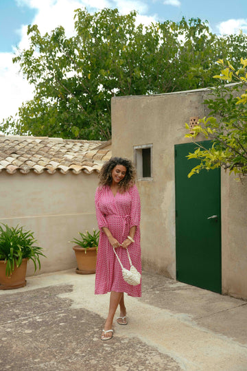 Goldie jurk | Sand/Berry Fuchsia